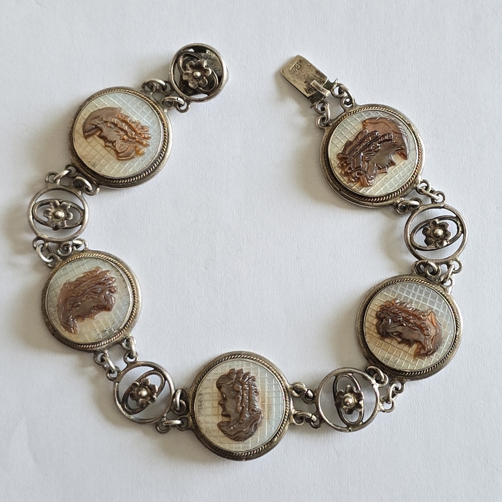 Antique Victorian Sterling Silver 900 Mother Of Pearl Cameo Bracelet